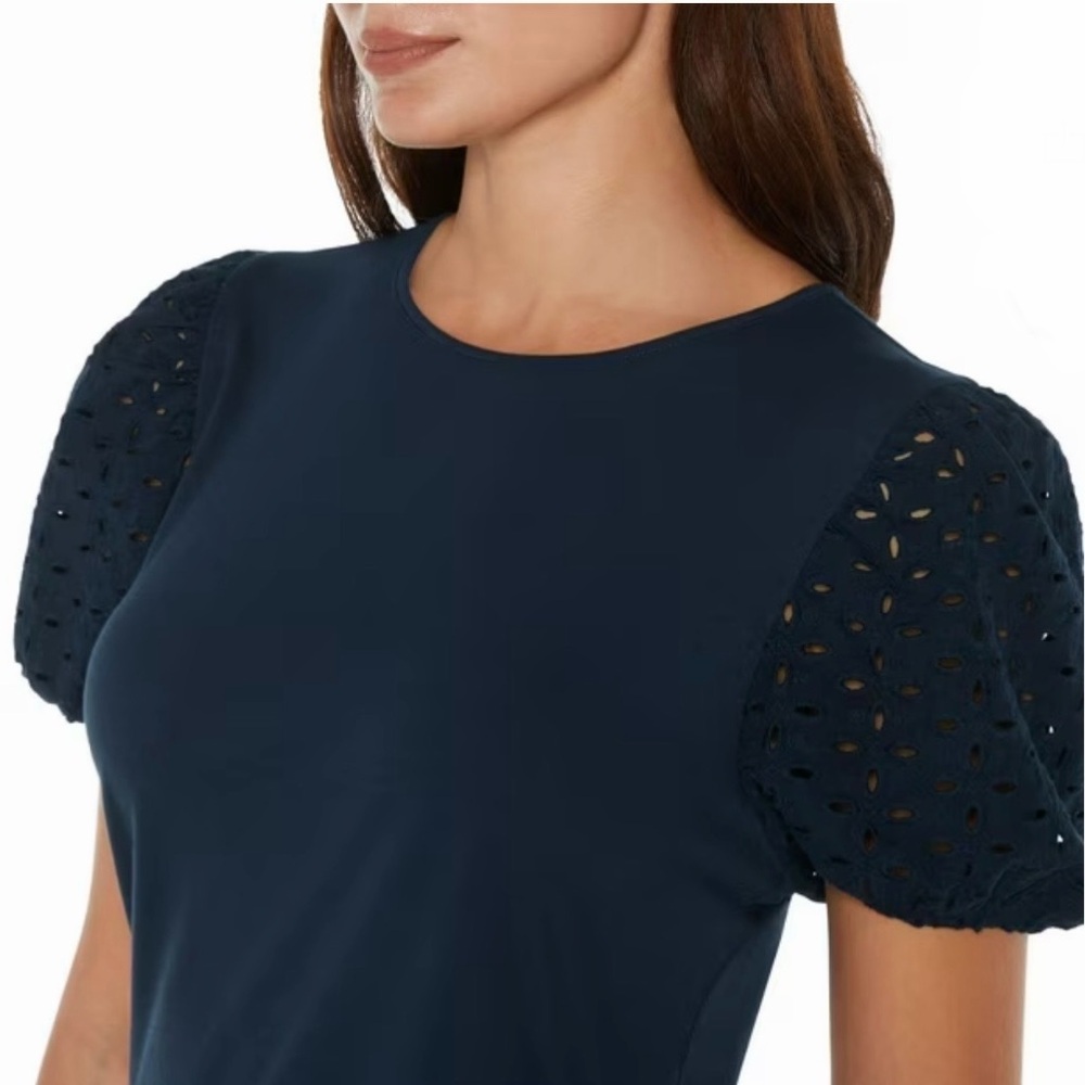 Express Navy Blouse with Eyelet Sleeves